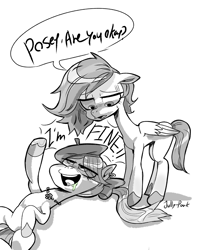 Size: 1080x1350 | Tagged: safe, artist:jully-park, imported from derpibooru, earth pony, pegasus, pony, black and white, doodle, drunk, female, g5, grayscale, lesbian, mare, monochrome, my little pony: make your mark, my little pony: tell your tale, posey bloom, poseywind, shipping, simple background, windy (g5)