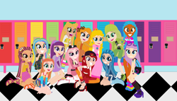 Size: 1859x1066 | Tagged: safe, artist:alstragolden, artist:user15432, imported from derpibooru, human, equestria girls, amaya raine, barely eqg related, base used, baseball cap, bella parker, belt, belt buckle, black dress, boots, cap, clothes, crossover, crown, dress, ear piercing, earring, equestria girls style, equestria girls-ified, finly (mermaid high), gloves, hands on cheeks, hands on knees, hat, headband, high heel boots, high heels, high school, jacket, jade hunter, jewelry, lockers, looking at you, mari (mermaid high), mermaid high, necklace, oceanna (mermaid high), open mouth, pants, piercing, pink dress, poppy rowan, princess peach, purple dress, rainbow high, regalia, ruby anderson, sandals, searra (mermaid high), shoes, skyler bradshaw, smiling, sneakers, socks, sunny madison, super mario bros., sweater, violet willow