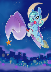 Size: 2480x3508 | Tagged: safe, artist:i love hurt, imported from derpibooru, trixie, pony, unicorn, bandage, broom, bubblegum, cape, city, clothes, crescent moon, female, flying, flying broomstick, food, g4, gum, hat, mare, moon, night, solo, stars, trixie's cape, trixie's hat, witch