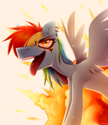 Size: 2000x2300 | Tagged: safe, artist:rtootb, imported from derpibooru, rainbow dash, pegasus, pony, ear piercing, evil grin, explosion, g4, grin, open mouth, piercing, punk, simple background, smiling, solo, thin, tongue out, tongue piercing