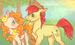 Size: 3316x2000 | Tagged: safe, artist:solanhell, imported from derpibooru, bright mac, pear butter, earth pony, pony, apple, brightbutter, buttercup, cute, duo, female, flower, flower in hair, food, lens flare, male, mare, shipping, stallion, straight