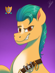 Size: 768x1024 | Tagged: safe, artist:amandascxd, imported from derpibooru, hitch trailblazer, earth pony, pony, g5, gradient background, male, raised eyebrow, smiling, solo, stallion, teeth, toothy grin