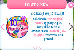 Size: 1541x1039 | Tagged: safe, imported from derpibooru, pinkie pie, earth pony, pony, anniversary, balloon, cake, food, gameloft, mlp gameloft tenth anniversary, official, pink coat, pink fur, pink mane, pink tail, present, tail