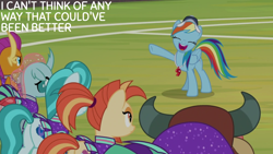 Size: 1280x720 | Tagged: safe, edit, edited screencap, editor:quoterific, imported from derpibooru, screencap, lighthoof, ocellus, rainbow dash, shimmy shake, smolder, yona, pony, yak, 2 4 6 greaaat, season 9, spoiler:s09, baseball cap, cap, cheerleader, cheerleader outfit, clothes, coach rainbow dash, eyes closed, female, frown, hat, mare, open mouth, open smile, rainbow dashs coaching whistle, shimmy shake is not amused, smiling, smolder is not amused, technically an upskirt shot, unamused, upskirt, whistle, whistle necklace