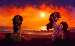 Size: 1678x1024 | Tagged: safe, editor:paracompact, imported from derpibooru, oc, oc only, earth pony, pony, unicorn, ai assisted, ai content, ai generated, beach, blushing, female, generator:purplesmart.ai, generator:stable diffusion, male, mare, sitting, slim, stallion, sunset