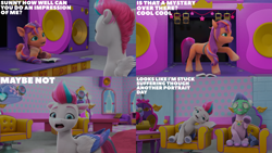 Size: 4400x2475 | Tagged: safe, edit, edited screencap, editor:quoterific, imported from derpibooru, screencap, queen haven, sunny starscout, zipp storm, earth pony, pegasus, pony, spoiler:myms01e03, book, chair, cucumber, curtains, door, doorknob, food, g5, headphones, lying down, mirror, mud mask, my little pony: make your mark, my little pony: make your mark chapter 2, portrait of a princess, sitting, speaker, window
