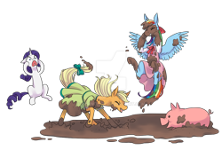 Size: 1024x693 | Tagged: safe, artist:12irinchan, imported from derpibooru, applejack, rainbow dash, rarity, earth pony, pegasus, pig, unicorn, clothes, deviantart watermark, dirty, dress, female, hooves on cheeks, mare, mud, obtrusive watermark, shaking, shocked, simple background, sitting, transparent background, watermark