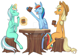 Size: 1024x738 | Tagged: safe, artist:12irinchan, imported from derpibooru, applejack, lyra heartstrings, rainbow dash, earth pony, pegasus, unicorn, apple cider, applejack's hat, cheers, colored pupils, cowboy hat, cup, deviantart watermark, eyes closed, female, hat, magic, mare, missing cutie mark, obtrusive watermark, simple background, sitting, table, telekinesis, transparent background, tree stump, trio, trio female, unshorn fetlocks, watermark