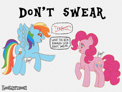 Size: 4096x3072 | Tagged: safe, artist:loolaymoon, imported from derpibooru, pinkie pie, rainbow dash, earth pony, pegasus, pony, censored vulgarity, female, flying, g4, grawlixes, mare, open mouth, open smile, pointing, raised hoof, smiling, standing, what the heck rainbow dash don't swear