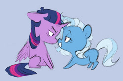 Size: 2048x1349 | Tagged: safe, artist:chub-wub, imported from derpibooru, trixie, twilight sparkle, alicorn, pony, unicorn, chibi, duo, female, lesbian, lidded eyes, looking at each other, looking at someone, shipping, simple background, twilight sparkle (alicorn), twixie