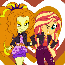 Size: 1050x1050 | Tagged: safe, artist:themexicanpunisher, imported from derpibooru, adagio dazzle, sunset shimmer, human, equestria girls, equestria girls series, rainbow rocks, clothes, female, lesbian, pants, shipping, sunsagio