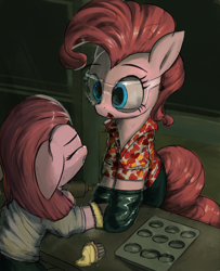 Size: 3000x3693 | Tagged: safe, artist:vultraz, pinkie pie, earth pony, pony, bracelet, clothes, cupcake, female, fight club, food, gloves, jewelry, mare, pants, pinkamena diane pie, pinktober, rolling pin, safety goggles, self ponidox, shirt, tyler durden