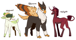 Size: 2718x1441 | Tagged: safe, artist:eggoatt, imported from twibooru, oc, classical unicorn, deer, hippogriff, pony, scolipede, unicorn, volcarona, weepinbell, adoptable, beanie, cloven hooves, deerified, hair over eyes, hat, hippogriffied, image, leonine tail, looking back, png, pokémon, ponified, simple background, species swap, transparent background, unshorn fetlocks