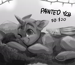 Size: 2000x1710 | Tagged: safe, artist:eggoatt, imported from twibooru, alicorn, pony, any gender, any race, blanket, commission, eyebrows, image, lights, looking at you, looking up, lying down, monochrome, needs more jpeg, one eye closed, sketch, smiling, solo, wings, wink, ych sketch, your character here