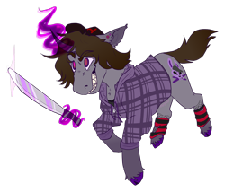 Size: 1671x1432 | Tagged: safe, artist:eggoatt, imported from twibooru, oc, oc only, oc:habit, pony, unicorn, clothes, cloven hooves, ear piercing, earring, evil grin, grin, hat, hoodie, image, jewelry, leg warmers, levitation, machete, magic, male, piercing, png, sharp teeth, simple background, smiling, solo, stallion, teeth, telekinesis, transparent background