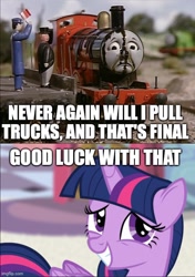 Size: 500x712 | Tagged: safe, edit, edited screencap, editor:thomas me irl, screencap, twilight sparkle, alicorn, pony, princess twilight sparkle (episode), season 4, awkward smile, bed, bedroom, canterlot castle, caption, cropped, cute, dirty objects, female, grin, imgflip, inside joke, james in a mess, james the red engine, male, male and female, mare, meme, nervous, nervous grin, obscure reference, percy the small engine, quintet, quintet male and female, railway employee, reaction, reaction image, red flag, reference, sir topham hatt, smiling, solo, tar, teeth, text, the fat controller, the railway series, thomas and friends, thomas the tank engine and friends, twiabetes, twilight sparkle (alicorn)