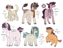 Size: 2615x2000 | Tagged: safe, artist:eggoatt, imported from twibooru, oc, oc only, oc:anemone, oc:birch, oc:creosote, oc:havana, oc:mossflower, oc:sand dollar, classical unicorn, merpony, pony, unicorn, :3, :i, adoptable, beard, cat tail, clothes, cloven hooves, ear piercing, earring, facial hair, female, flower, freckles, gills, glasses, hair over eyes, image, jewelry, leonine tail, male, mare, messy mane, piercing, pigtails, png, scarf, sharp teeth, simple background, stallion, teeth, unshorn fetlocks, white background