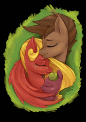 Size: 827x1169 | Tagged: safe, artist:redi, imported from derpibooru, oc, oc only, oc:redi, oc:skradacz, earth pony, pegasus, pony, eyes closed, family, family photo, female, filly, foal, freckles, hug, male, mare, mother and child, mother and daughter, stallion, winghug, wings