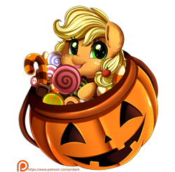 Size: 3109x3050 | Tagged: safe, artist:pridark, imported from derpibooru, applejack, earth pony, pony, bucket, bust, candy, commission, cute, daaaaaaaaaaaw, female, filly, filly applejack, food, freckles, halloween, holiday, jack-o-lantern, jackabetes, mare, patreon, patreon logo, portrait, pumpkin, pumpkin bucket, simple background, solo, transparent background, trick or treat, younger