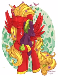 Size: 1620x2160 | Tagged: safe, artist:redi, imported from derpibooru, oc, oc only, oc:redi, pegasus, pony, eyes closed, female, filly, flower, flower in hair, foal, freckles, hairband, hoof hold, hug, mare, mother and child, mother and daughter, mouth hold, pacifier, spread wings, stick in hair, wings