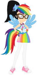 Size: 301x609 | Tagged: safe, artist:selenaede, artist:user15432, imported from derpibooru, rainbow dash, oc, oc:aaliyah, human, equestria girls, aaliyah, amulet, base used, clothes, costume, cutie mark on clothes, dress, equestria girls style, equestria girls-ified, fingerless gloves, glasses, gloves, halloween, halloween costume, hand on hip, headband, holiday, jewelry, leggings, looking at you, multicolored hair, necklace, pegasus wings, pony ears, ponytail, rainbow dash costume, rainbow hair, rainbow wig, shoes, simple background, sneakers, solo, white background, wings