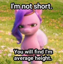 Size: 720x735 | Tagged: safe, edit, edited screencap, imported from derpibooru, screencap, pipp petals, pegasus, pony, spoiler:my little pony: a new generation, average height, blatant lies, denial's not just a river in egypt, g5, height angst, my little pony: a new generation, pipp is short, pipp petals is not amused, solo, unamused