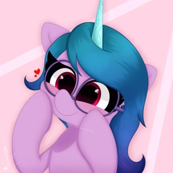 Size: 3000x3000 | Tagged: safe, artist:daftramms, imported from derpibooru, izzy moonbow, pony, unicorn, cute, fanart, g5, glasses, simple background, solo
