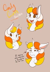 Size: 1423x2048 | Tagged: safe, artist:mscolorsplash, imported from derpibooru, oc, oc:candy corn, pony, unicorn, beige background, bust, female, floppy ears, frown, mare, no pupils, open mouth, open smile, simple background, smiling, solo, wavy mouth