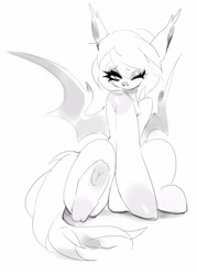 Size: 1544x2160 | Tagged: safe, artist:pfufu, imported from derpibooru, oc, oc only, bat pony, pony, bat pony oc, black and white, ear fluff, grayscale, hooves, looking at you, monochrome, raised hoof, simple background, sitting, sketch, solo, spread wings, white background, wings