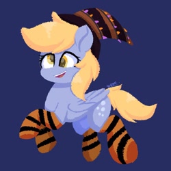 Size: 928x928 | Tagged: safe, artist:skylinepony_, imported from derpibooru, derpy hooves, pegasus, pony, blue background, clothes, cute, derpabetes, female, halloween, hat, holiday, mare, open mouth, open smile, simple background, smiling, socks, solo, striped socks, witch hat