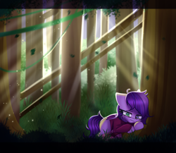 Size: 2240x1942 | Tagged: safe, artist:opal_radiance, imported from derpibooru, oc, oc only, bat pony, earth pony, pony, clothes, crepuscular rays, depressed, forest, heterochromia, sad, solo