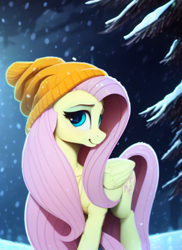 Size: 512x704 | Tagged: safe, editor:paracompact, imported from derpibooru, fluttershy, pegasus, pony, ai assisted, ai content, ai generated, beanie, cute, generator:purplesmart.ai, generator:stable diffusion, hat, looking at you, shyabetes, snow, snowfall, the quality of ai art is frightening