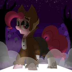 Size: 2500x2500 | Tagged: safe, artist:legendoflink, imported from derpibooru, pinkie pie, earth pony, undead, vampire, clothes, costume, count chocula, female, fog, looking at you, mare, night, pinktober, red eyes, simple background, solo, wingding eyes