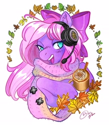 Size: 3125x3563 | Tagged: safe, artist:opalacorn, imported from derpibooru, oc, oc only, oc:lillybit, earth pony, pony, bow, clothes, coffee, drink, ear fluff, female, hair bow, headset, latte, leaf, leaves, mare, no pupils, open mouth, open smile, pumpkin spice, scarf, simple background, smiling, solo, white background