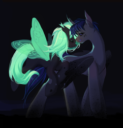 Size: 5312x5493 | Tagged: safe, artist:pfufu, imported from derpibooru, oc, oc only, butterfly, changeling, pony, unicorn, dark background, duo, female, flirting, flying, fog, glowing, glowing eyes, glowing mane, gray mane, horn, looking at someone, male, mare, romantic, simple background, spread wings, standing, wings