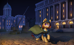 Size: 2000x1232 | Tagged: safe, artist:asimos, imported from derpibooru, oc, oc only, oc:amber sunset, earth pony, pony, equestria at war mod, blaze (coat marking), building, cape, car, clothes, coat markings, dress, facial markings, female, looking at you, mare, night, running, solo