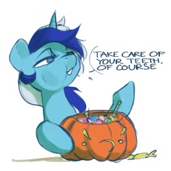 Size: 691x691 | Tagged: safe, artist:cadillac-dynamite, imported from derpibooru, minuette, pony, unicorn, candy, cute, dialogue, eating, female, food, halloween, holiday, jack-o-lantern, mare, minubetes, pumpkin, solo, talking