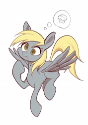 Size: 1812x2563 | Tagged: safe, artist:noupu, imported from derpibooru, derpy hooves, pegasus, pony, cute, derpabetes, female, flying, food, mare, muffin, simple background, solo, that pony sure does love muffins, thinking, thought bubble, tongue out, white background