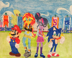 Size: 1280x1031 | Tagged: safe, artist:epiccartoonsfan, artist:justinvaldecanas, imported from derpibooru, sci-twi, sunset shimmer, twilight sparkle, hedgehog, human, equestria girls, friendship games, barely eqg related, clothes, crossed arms, crossover, crystal prep academy uniform, field, gold medal, group, looking at you, mario, mario & sonic, mario & sonic at the olympic games, mario and sonic, mario and sonic at the olympic games, open mouth, quartet, school uniform, shadowbolts, smiling, smiling at you, soccer field, sonic the hedgehog, sonic the hedgehog (series), super mario bros., traditional art, wondercolts