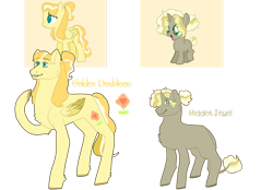 Size: 1280x889 | Tagged: safe, artist:frogstool, imported from derpibooru, oc, oc only, oc:golden doubloon, oc:hidden jewel, pegasus, pony, unicorn, brother and sister, colt, duo, female, foal, magical lesbian spawn, male, mare, offspring, parent:daring do, parent:fluttershy, parents:daringshy, siblings, simple background, transparent background