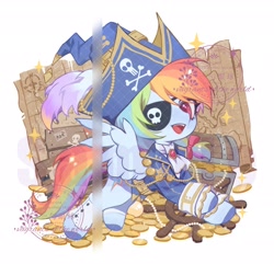 Size: 2048x1972 | Tagged: safe, artist:xieyanbbb, imported from derpibooru, rainbow dash, pegasus, pony, clothes, coin, costume, cute, dashabetes, eyepatch, female, gold, hat, jacket, map, mare, open mouth, open smile, pirate, pirate hat, ship wheel, simple background, smiling, solo, sparkles, white background