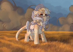 Size: 3500x2500 | Tagged: safe, artist:medkit, imported from derpibooru, oc, oc only, cow, earth pony, pony, bell, bow, bridle, cloud, crying, eyes open, field, grass, grass field, hair bow, hat, high res, male, paint tool sai 2, ribbon, saddle, sketch, sky, solo, stallion, sunset, wind