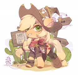 Size: 2048x1972 | Tagged: safe, artist:xieyanbbb, imported from derpibooru, applejack, earth pony, pony, bandana, boots, cactus, clothes, cowboy boots, cowboy hat, cute, female, grin, hat, jackabetes, jacket, mare, poster, road sign, sheriff's badge, shoes, simple background, smiling, solo, straw in mouth, white background