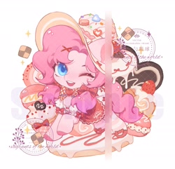 Size: 2048x1972 | Tagged: safe, artist:xieyanbbb, imported from derpibooru, pinkie pie, earth pony, pony, alternate hairstyle, clothes, cookie, cupcake, cute, diapinkes, dress, female, food, hat, looking at you, mare, one eye closed, open mouth, open smile, simple background, smiling, smiling at you, solo, white background