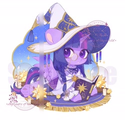 Size: 2048x1972 | Tagged: safe, artist:xieyanbbb, imported from derpibooru, twilight sparkle, alicorn, pony, alternate hairstyle, book, candle, clothes, cute, female, hat, looking back, lying down, mare, monocle, open mouth, prone, reading, robe, rug, simple background, solo, sploot, twiabetes, twilight sparkle (alicorn), white background, wizard hat