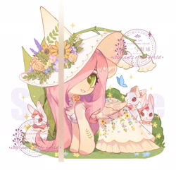 Size: 2048x1972 | Tagged: safe, artist:xieyanbbb, imported from derpibooru, fluttershy, butterfly, pegasus, pony, rabbit, animal, chest fluff, clothes, cottagecore, cute, daaaaaaaaaaaw, dress, female, flower, hair over one eye, hat, mare, shyabetes, simple background, solo, sundress, watermark, white background