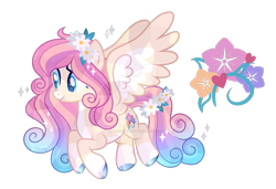 Size: 1280x875 | Tagged: safe, artist:gloriaartist, artist:mint-light, imported from derpibooru, oc, oc only, crystal pony, pegasus, pony, base used, coat markings, colored hooves, colored wings, deviantart watermark, facial markings, female, floating, floral head wreath, flower, flower in tail, gradient mane, gradient tail, mare, obtrusive watermark, pale belly, simple background, snip (coat marking), socks (coat markings), solo, sparkly, spread wings, tail, transparent background, two toned wings, watermark, wings