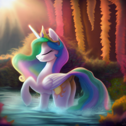 Size: 2048x2048 | Tagged: safe, imported from derpibooru, princess celestia, alicorn, pony, ai content, ai generated, butt, crown, ethereal mane, ethereal tail, eyes closed, female, generator:pony diffusion v1, generator:stable diffusion, high res, horn, jewelry, long horn, long mane, long tail, mare, plot, pond, prompter:siber, raised hoof, raised leg, regalia, solo, sunbutt, tail, tree, water, wings