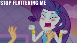 Size: 1920x1080 | Tagged: safe, edit, edited screencap, editor:quoterific, imported from derpibooru, screencap, applejack, rarity, human, equestria girls, equestria girls series, rollercoaster of friendship, blushing, eyes closed, female, open mouth, rarity peplum dress, solo focus, tsundere, tsunderity