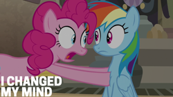 Size: 1920x1080 | Tagged: safe, edit, edited screencap, editor:quoterific, imported from derpibooru, screencap, pinkie pie, rainbow dash, earth pony, pegasus, pony, daring done?, season 7, duo, duo female, female, frown, looking at each other, looking at someone, mare, open mouth, touching